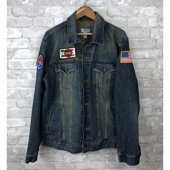 Mid 2000's Custom Patched Mens XL Denim Jacket 100% Cotton Kenkojuku, USA Flag - Picture 1 of 12